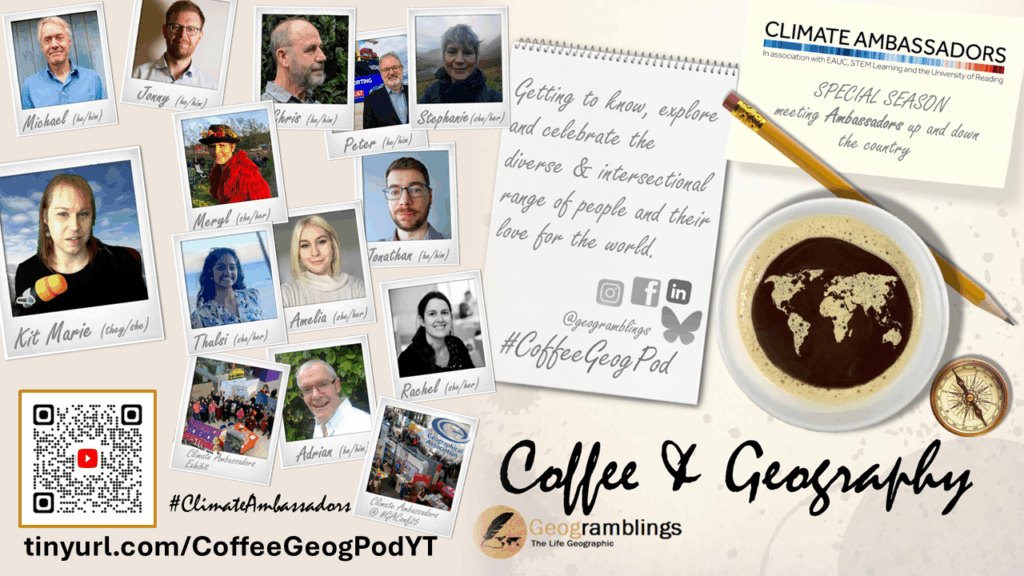 A pinboard showing photos of some of the guests next to a mug of coffee with the earth displayed in the froth on top of the coffee.